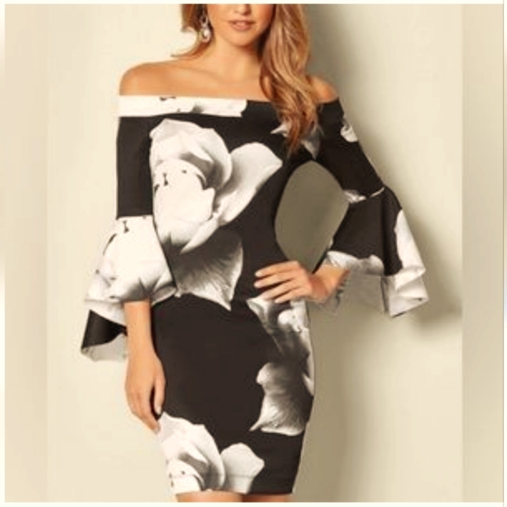 Black & White Floral Dress With Bell Sleeves